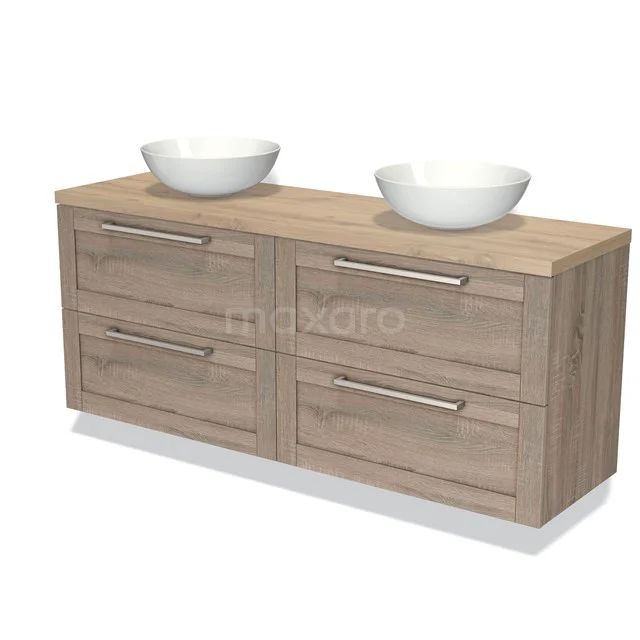 Houten badkamermeubel met dubbele wastafel, licht eiken afwerking, vier lades en moderne metalen handgrepen.