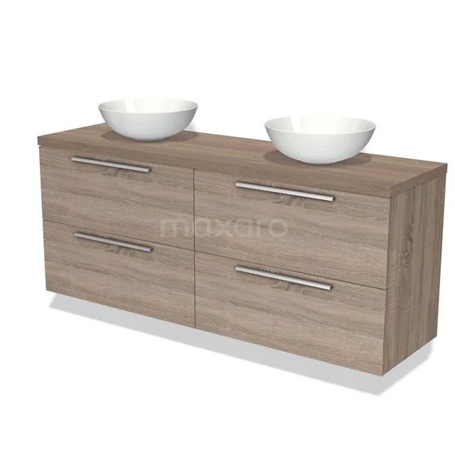 Houten badkamermeubel met dubbele waskom, modern design, lichte houtkleur, vier lades en chroomkleurige handgrepen.