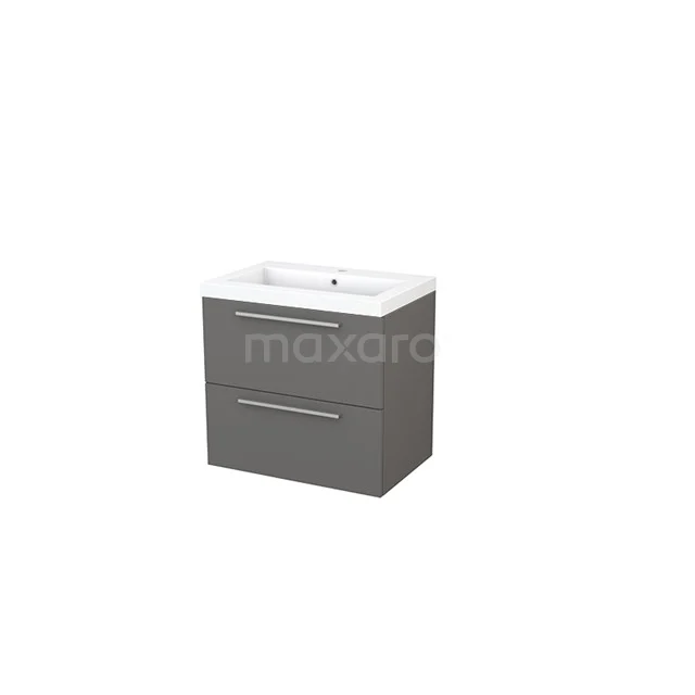 Grey bathroom furniture set with two drawers and white basin, modern design, ideal for compact bathrooms.