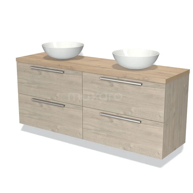 Houten badkamermeubel met dubbele wastafel, modern design, lichte eiken finish en chromen handgrepen voor praktische opslag.