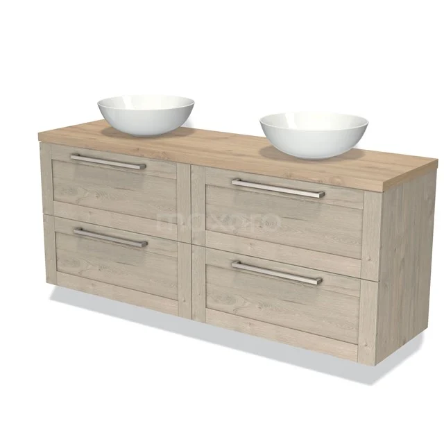 Houten badkamermeubel met twee witte waskommen, vier lades en stalen handgrepen, perfect voor modern badkamerdesign.