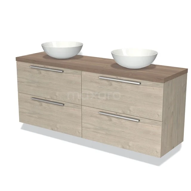 Houten badkamermeubel met twee waskommen, licht eiken kleur, vier lades met zilveren grepen, ideaal voor moderne badkamers.