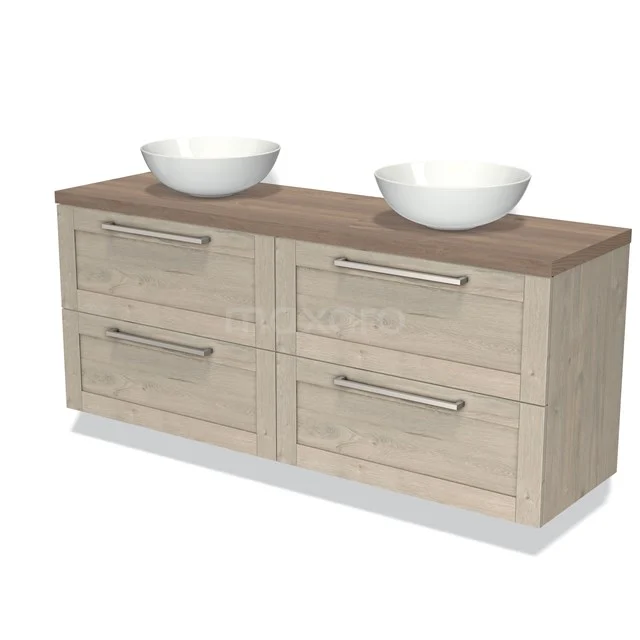 Houten badkamermeubel met dubbele wastafel, lichte eiken look, 4 lades met metalen handgrepen, modern design.