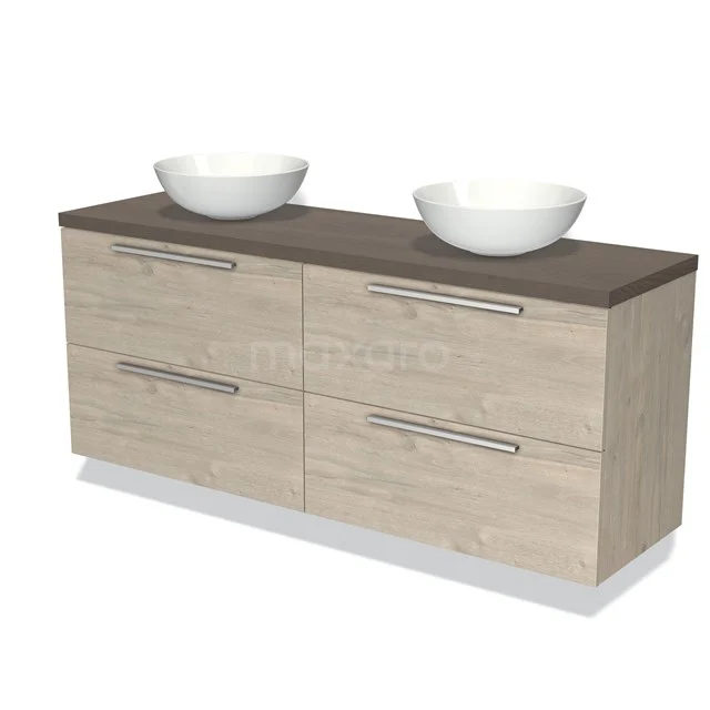 Houten badkamermeubel met dubbele witte waskommen, vier lades en een donkerbruin werkblad, modern en functioneel design.