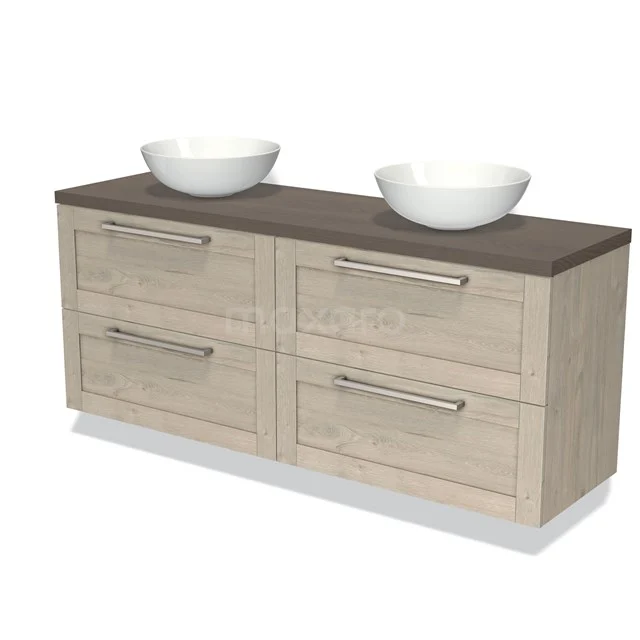 Wooden bathroom unit with double countertop wash basin, oak look, four drawers with silver handles and dark brown worktop.