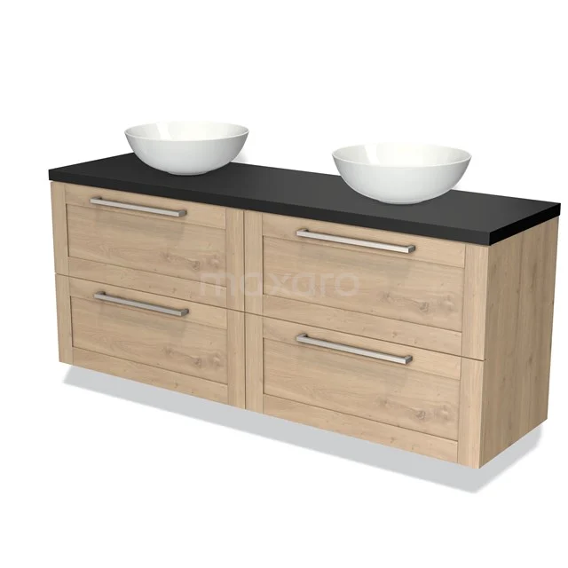 Houten badkamermeubel met dubbele wastafels, zwart werkblad en lades, ideaal voor een moderne badkamerinrichting.