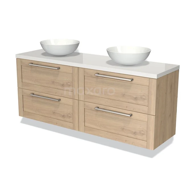 Houten badkamermeubel met dubbele wastafel, wit keramiek en ladekast, modern design voor stijlvolle badkameropslag.