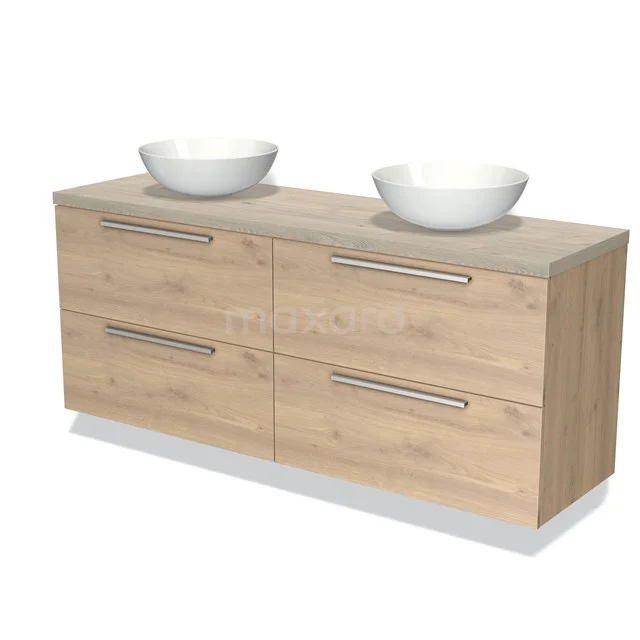 Houten badkamermeubel met naturel eikenlook, vier lades en twee witte waskommen, ideaal voor moderne badkamerinrichting.