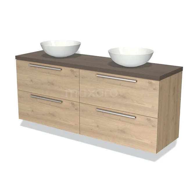 Houten badkamermeubel met twee witte waskommen, vier lades en een donker blad, ideaal voor een moderne badkamer inrichting.