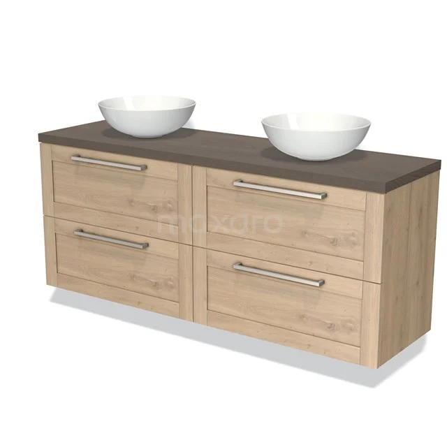 Houten badkamermeubel met twee witte wastafels, vier lades en een donkere bovenplaat; modern ontwerp voor stijlvolle badkamers.