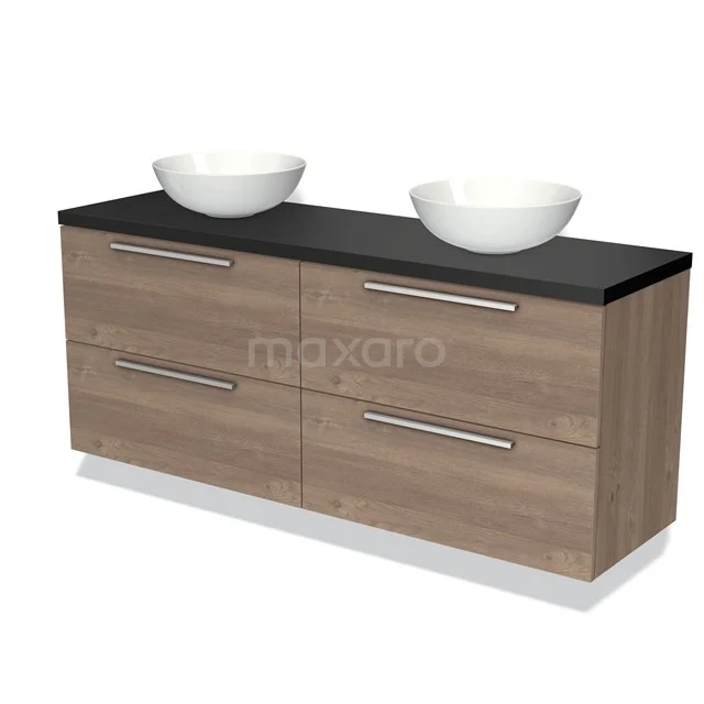 Houten badkamermeubel met dubbele wastafel, zwarte blad en vier lades, modern design voor stijlvolle badkamers.