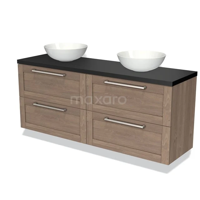 Houten badkamermeubel met dubbele waskommen, zwart blad en vier lades, ideaal voor een luxe en moderne badkamer.