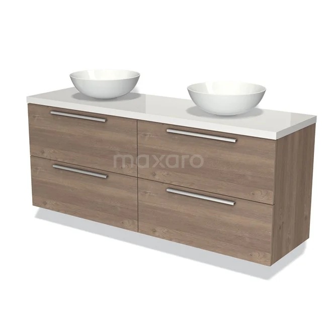 Modulo Plato Badkamermeubel voor waskom | 160 cm Middenbruin eiken Vlak front Hoogglans wit blad 4 lades BMK18-01082