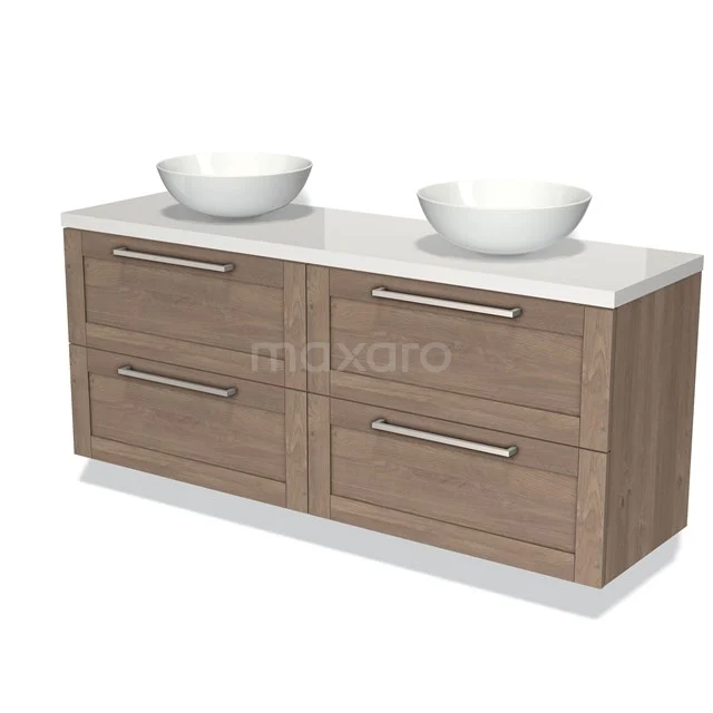 Houten badkamermeubel met dubbele wastafel, vier lades en een moderne, witte afwerking.
