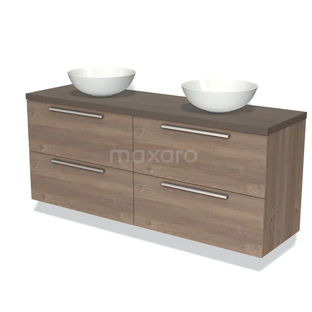 Houten badkamermeubel met twee witte ronde waskommen, vier lades en metalen handgrepen, ideaal voor een moderne badkamer.