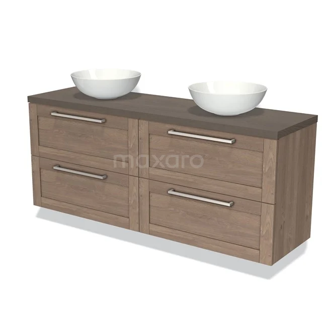 Houten badkamermeubel met dubbele waskommen, 4 laden en metalen handgrepen, ideaal voor een moderne badkamerinrichting.