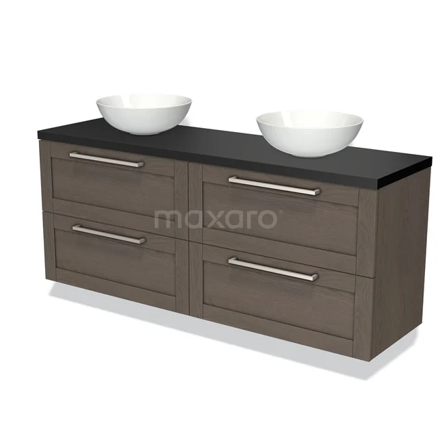 Houten badkamermeubel met dubbele waskommen, natuurstenen blad, modern design, geschikt voor stijlvolle badkamerinrichting.