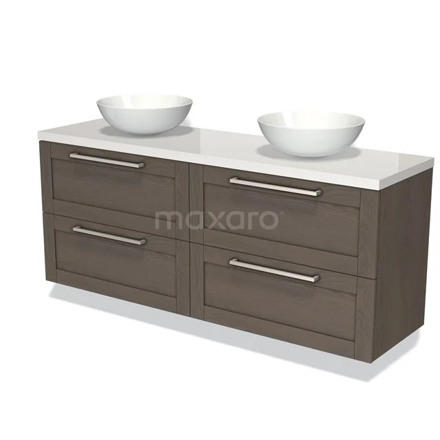 Bruine houten badkamermeubel met dubbele witte waskommen, vier lades en een strak modern design.