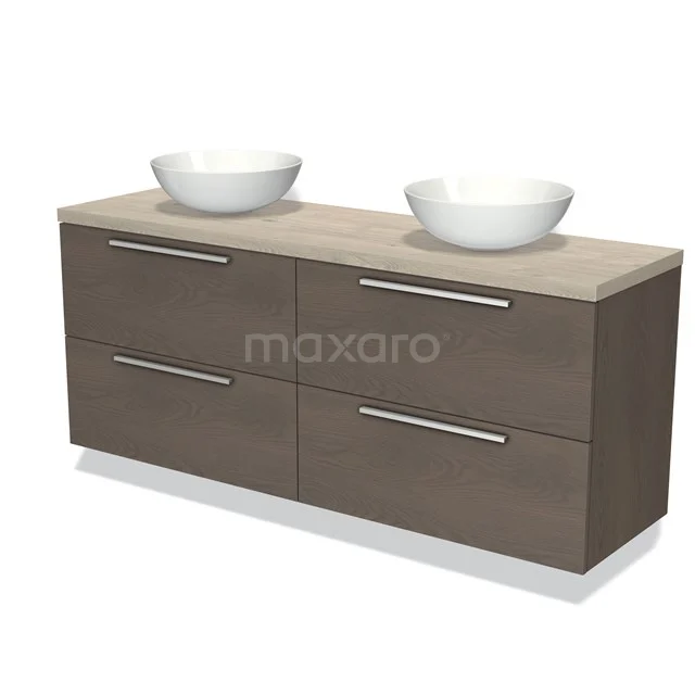 Houten badkamermeubel met dubbel wastafelblad, wit porseleinen waskommen en vier lades met chromen handgrepen.