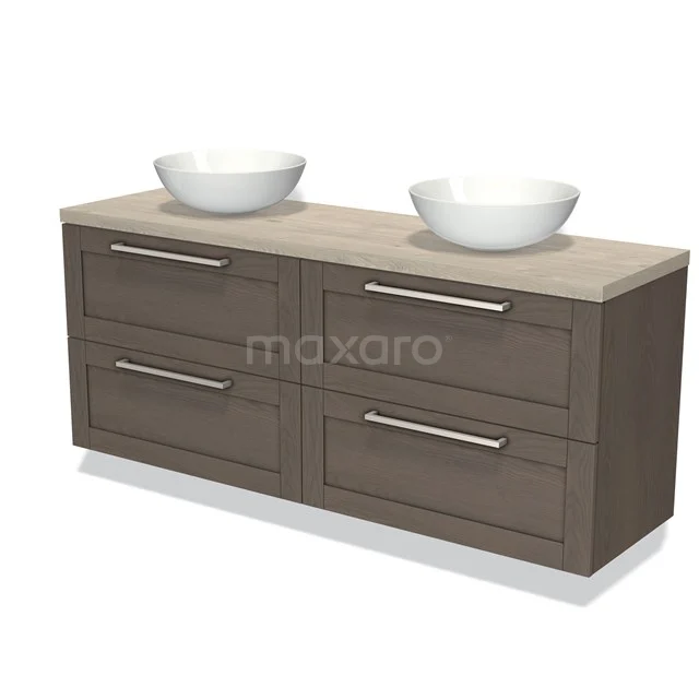 Houten badkamermeubel met dubbele wastafel, 4 laden en moderne handgrepen, in warme bruintint en beige blad.