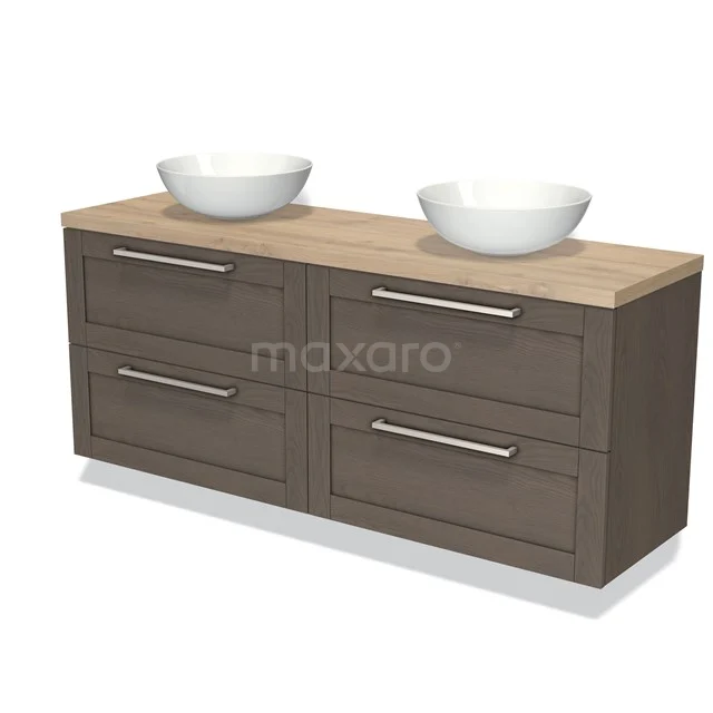 Houten wastafelmeubel met dubbele witte waskommen, vier lades, modern design. Perfect voor een stijlvolle badkamer.
