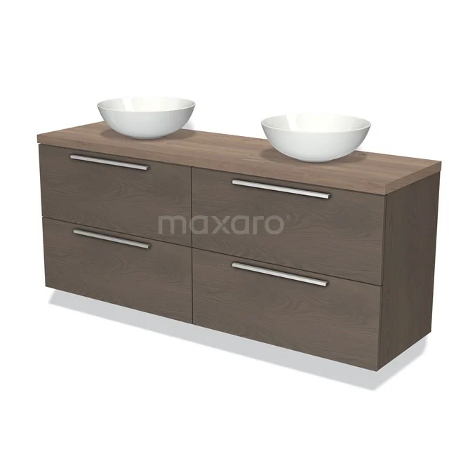 Houten wastafelmeubel met dubbele witte opzetwastafels, vier lades en metalen grepen, perfect voor een moderne badkamer.