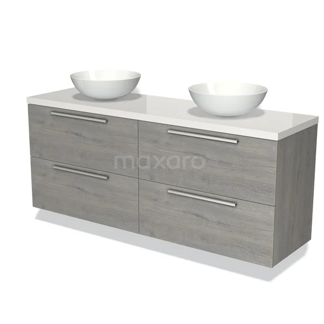 Modulo Plato Badmöbel mit Aufsatzwaschbecken | 160 cm Graue Eiche Flach front Hochglanz Weiß blatt 4 Schubladen BMK18-01102 Graues Holz Badezimmermöbel mit Doppelwaschbecken aus Keramik, moderne Kommode und schlankes Design für zeitgemäße Bäder.