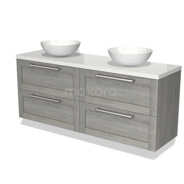 Houten badmeubel grijs met dubbele waskommen, modern design, vier lades en wit blad, ideaal voor stijlvolle badkamers.