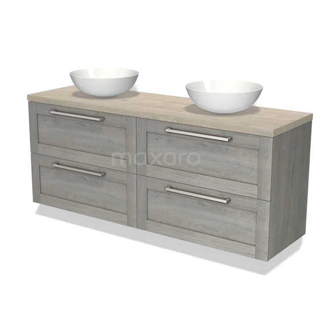 Houten badkamermeubel in licht eiken kleur met dubbele waskommen, vier lades en metalen grepen, perfect voor een moderne badkamer.
