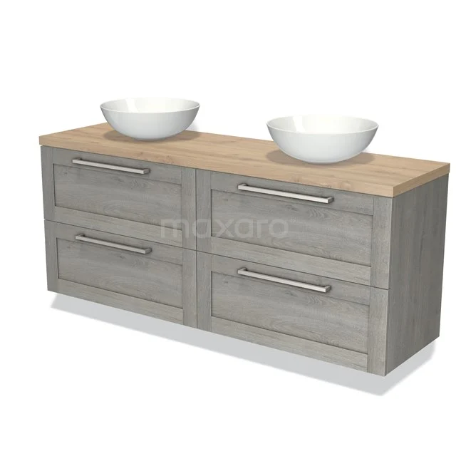 Houten badkamermeubel met dubbele waskommen, vier lades en een grijze afwerking, ideaal voor moderne badkamers.