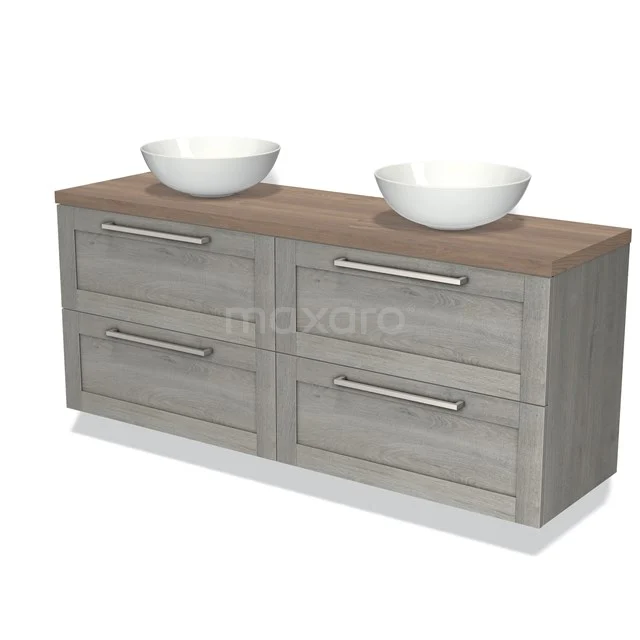Houten badkamermeubel met grijze lades en dubbele witte opzetwaskommen, strak design uit de moderne Luxe-serie.