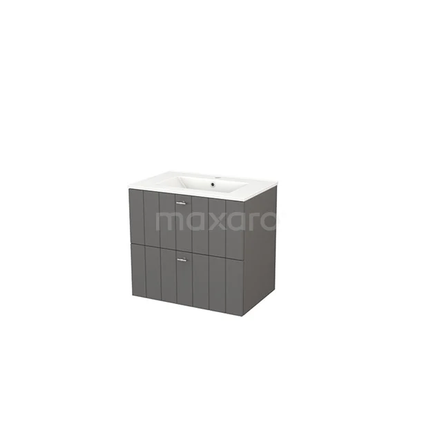 Grey bathroom cabinet with two drawers, ceramic basin and modern ribbed pattern, ideal for stylish bathroom storage.