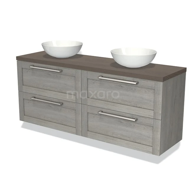 Grey wooden bathroom unit with double countertop wash basin, dark brown worktop and four drawers with metal handles.
