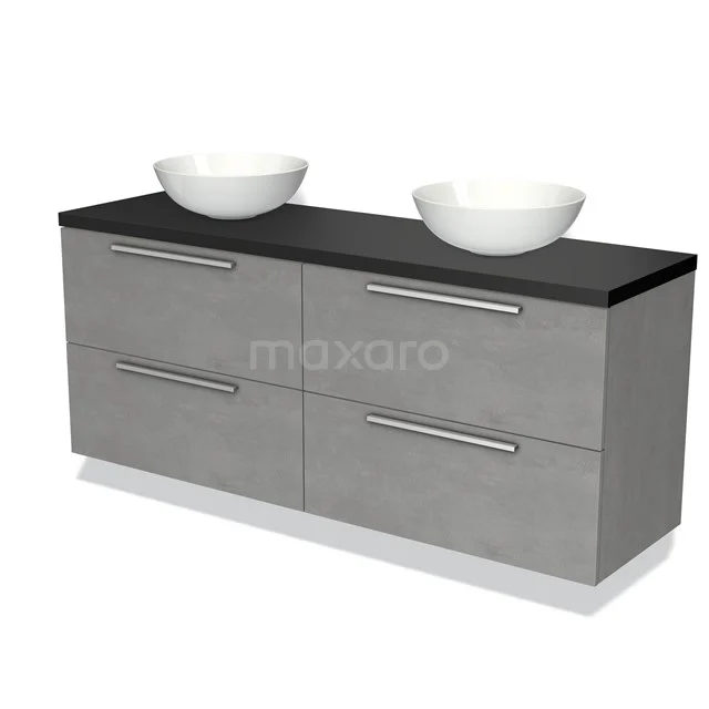 Grijze badkamermeubelset met dubbele waskommen, zwart blad en moderne handgrepen, strak design voor een stijlvolle badkamer.