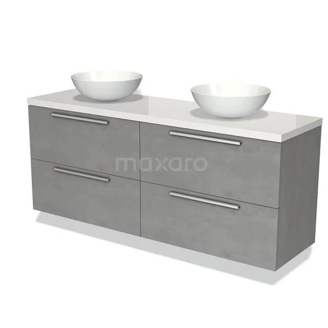 Grijze badkamermeubelset met dubbele witte waskommen, softclose lades en modern design voor een stijlvolle badkamer.