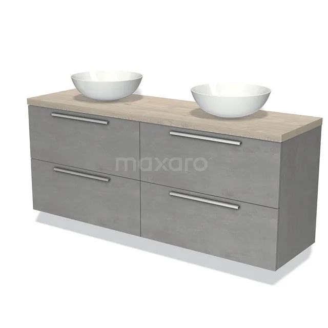 Grey bathroom unit with four drawers, wooden worktop and double basin in white; modern design, ideal for spacious bathrooms.