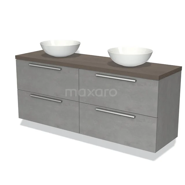 Grijze dubbele wastafelmeubel met houtlook blad, keramische kommen en metalen handgrepen, ideaal voor moderne badkamers.