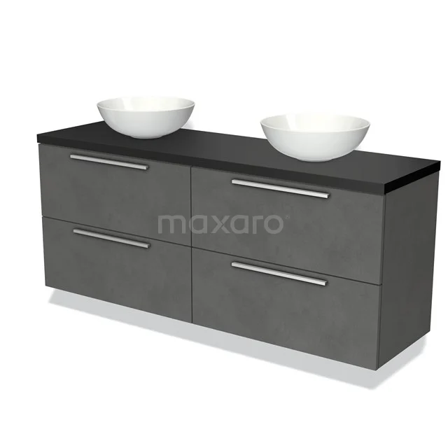 Badmöbel für Waschtischunterschrank mit Konsole 160cm Modulo Plato Dunkelgrau Beton 4 Schubladen Flach Matt Schwarz Platte BMK18-01118 Graue Badmöbelset mit doppeltem Aufsatzwaschbecken, modernes Design, Betonlook-Oberfläche und schmaler schwarzer Platte.