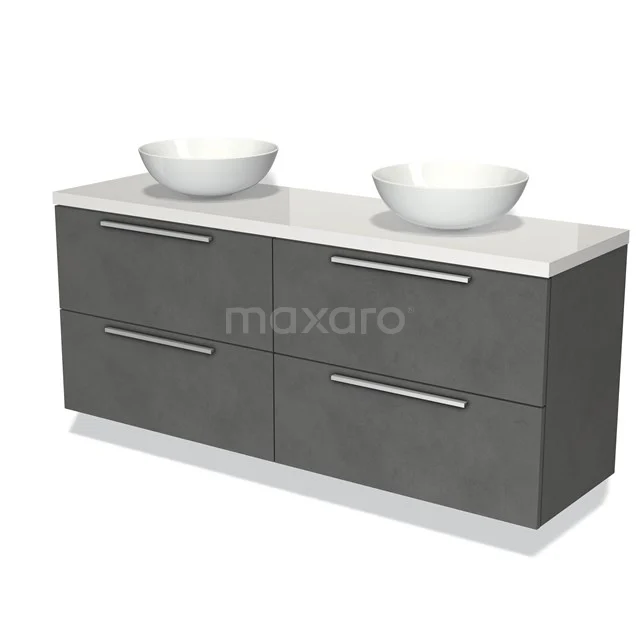 Grijze dubbele wastafelmeubel met witte keramische waskommen, modern design en softclose lades, ideaal voor de badkamer.
