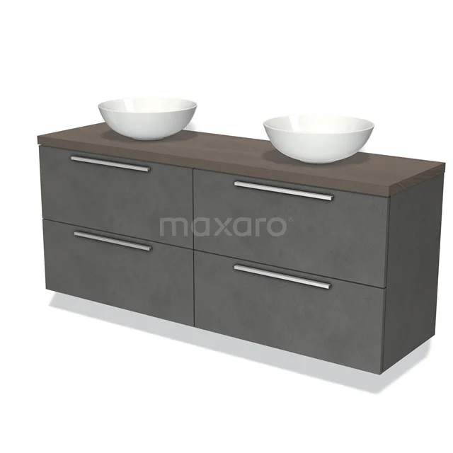 Grijze badkamermeubel set met dubbele waskommen, houten blad en modern design; ideaal voor stijlvolle badkameropslag.