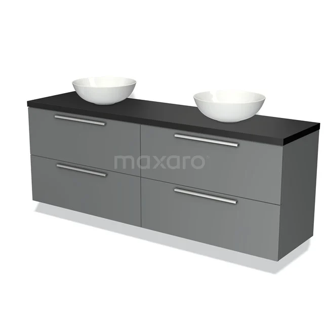 Grijze badkamermeubel met twee witte waskommen, zwart blad en vier lades; modern design voor stijlvolle badkamers.