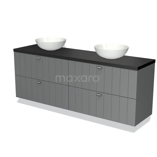 Grijze badkamerkast met dubbele waskom, zwarte bovenblad en paneeldeuren, modern design voor stijlvolle badkamerruimtes.
