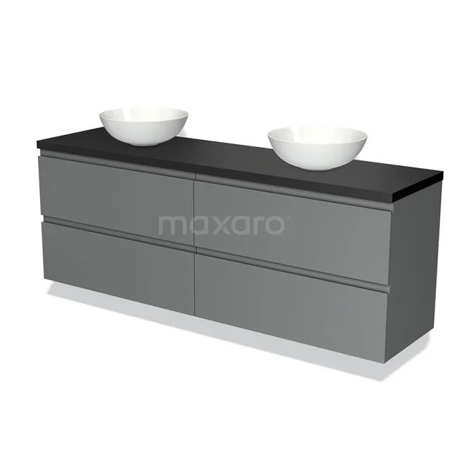 Grijze badkamermeubelset met zwarte blad en witte opzetwaskommen, modern design met 4 lades voor extra opbergruimte.