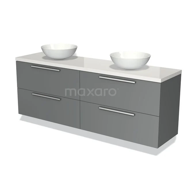 Grijze badkamerkast met dubbele wastafel, moderne uitstraling, vier lades, ideaal voor extra opbergruimte in de badkamer.