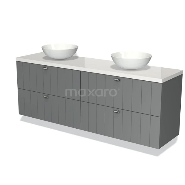 Grijze badkamermeubelset met dubbele wastafel, moderne houtlook afwerking en softclose lades, ideaal voor een stijlvolle badkamer.