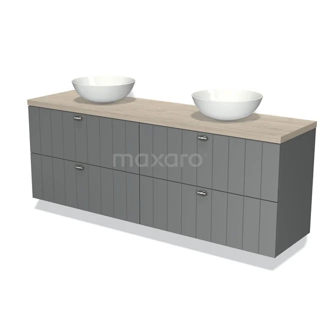 Grijze badkamermeubelset met houtlook blad, dubbele wastafel en moderne uitstraling, ideaal voor een stijlvolle badkamer.