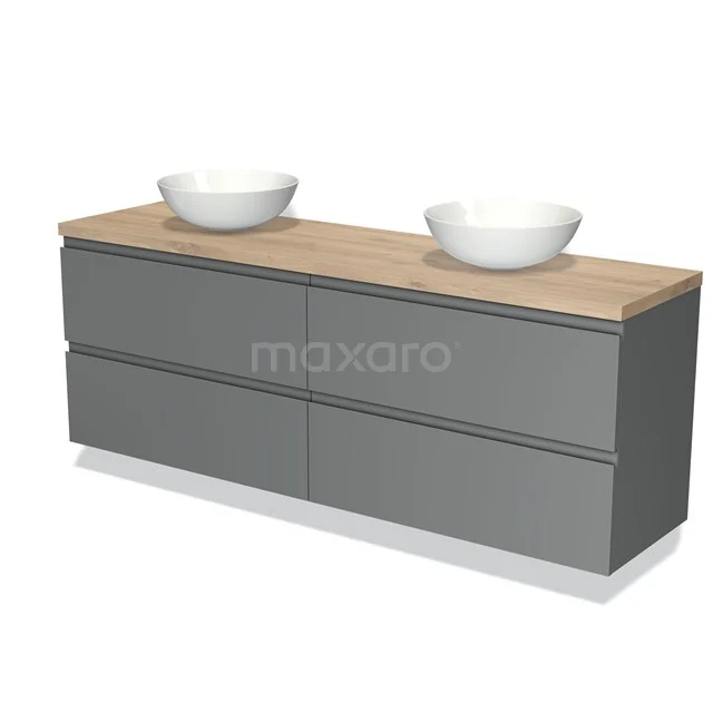Modulo Plato Vanity units for countertop basin | 200 cm Mid grey Handle-less front Light brown oak worktop 4 drawers BMK18-01975