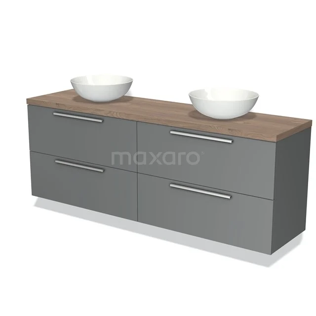 Grijze badkamermeubelset met houten blad en twee witte waskommen, modern design voor stijlvolle badkamers.