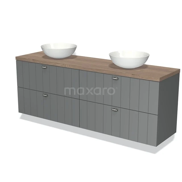 Grijze badkamermeubel met houten blad, dubbele witte waskommen, modern ribbelpatroon, ideaal voor stijlvolle badkamerruimtes.