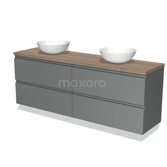 Grijze badkamermeubelset met vier lades, houtlook blad en twee ronde waskommen, perfect voor moderne badkamers.